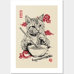 Japanese cat eating noodles Posters and Art